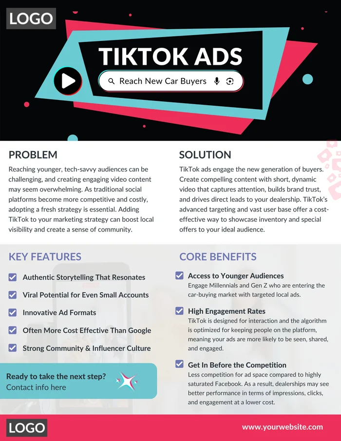 Preview of the editable TikTok Ads for Car Dealers one-pager