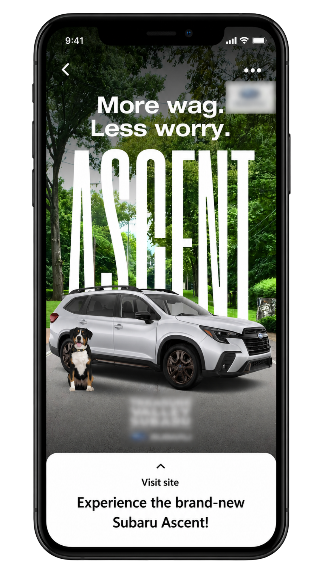 Full-screen Pinterest car ad preview with a Visit site button