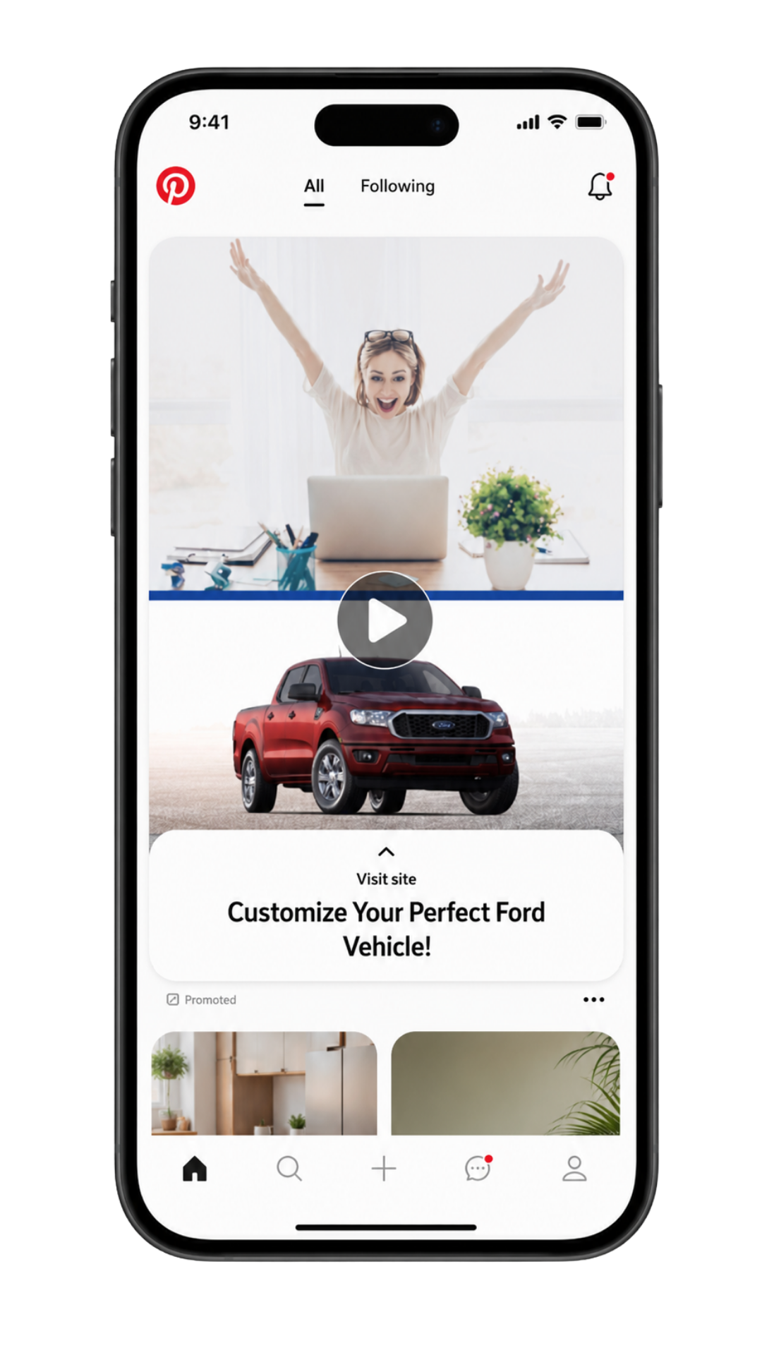Pinterest ad preview for a dealer between organic pins