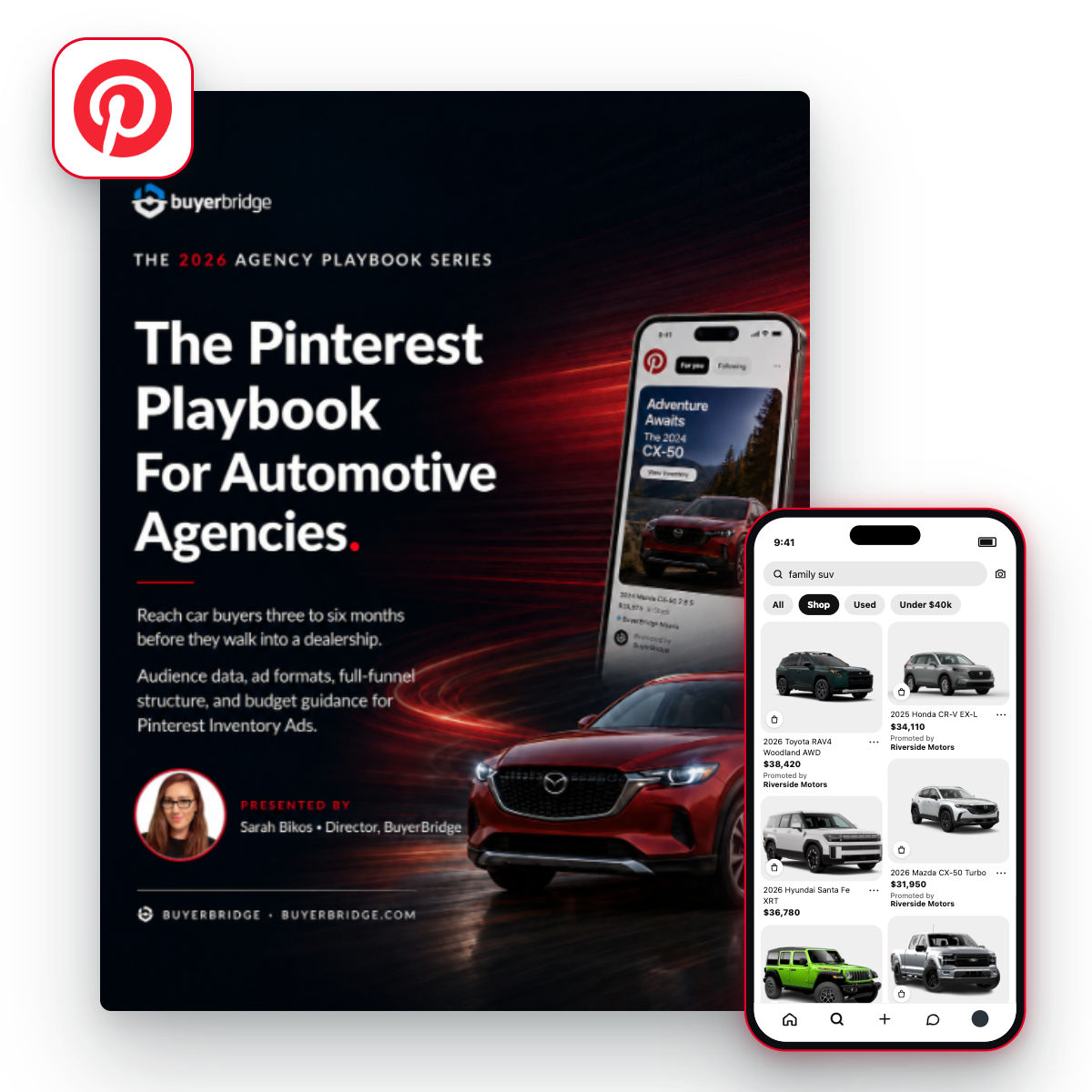 Pinterest automotive ads playbook cover with a Pinterest Inventory Ad preview