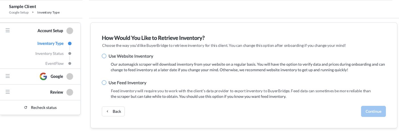 Onboarding step to choose website inventory or feed inventory