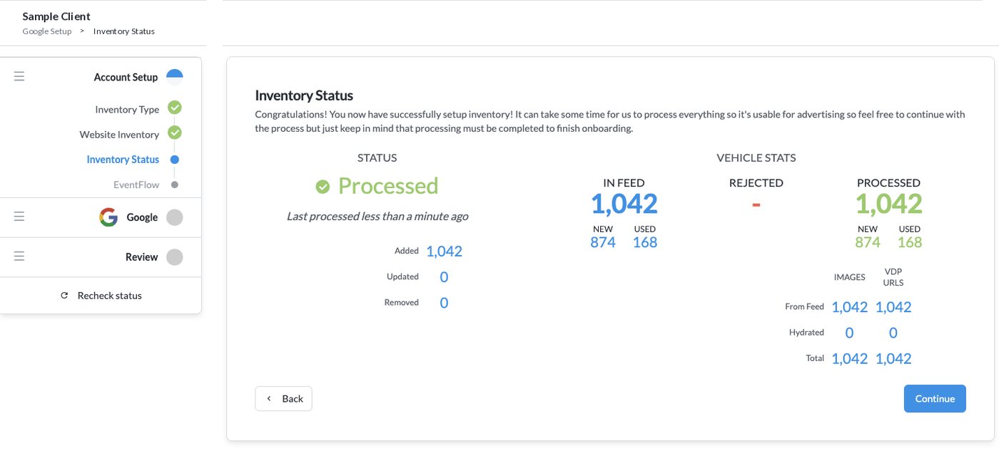 BuyerBridge inventory status screen showing a dealer feed processed with 1,042 vehicles