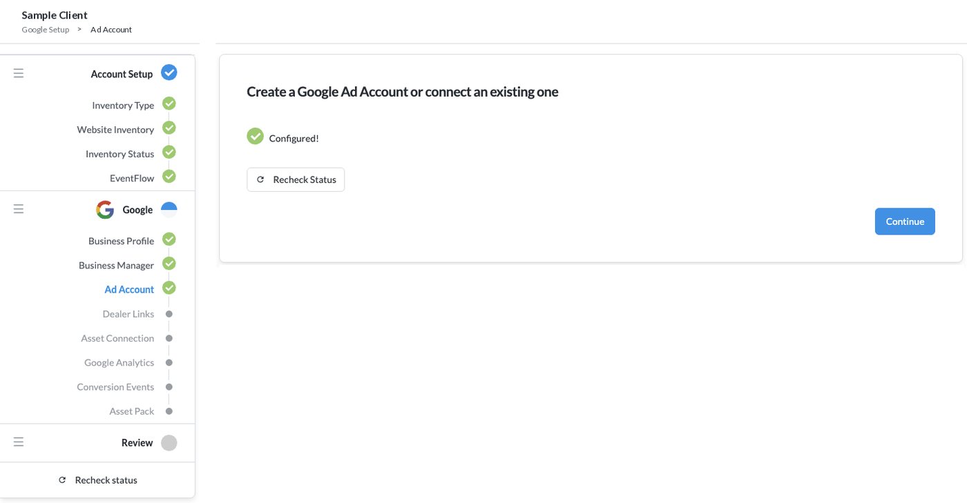 Google ad account step showing the account configured