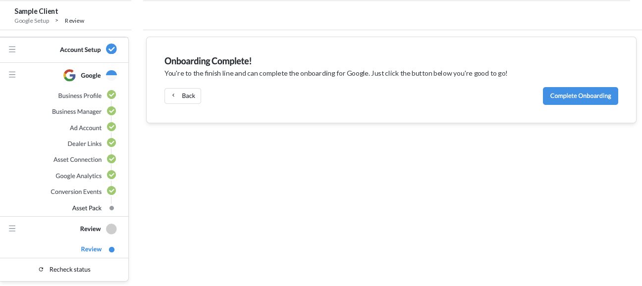 Onboarding Complete screen with every Google step checked off