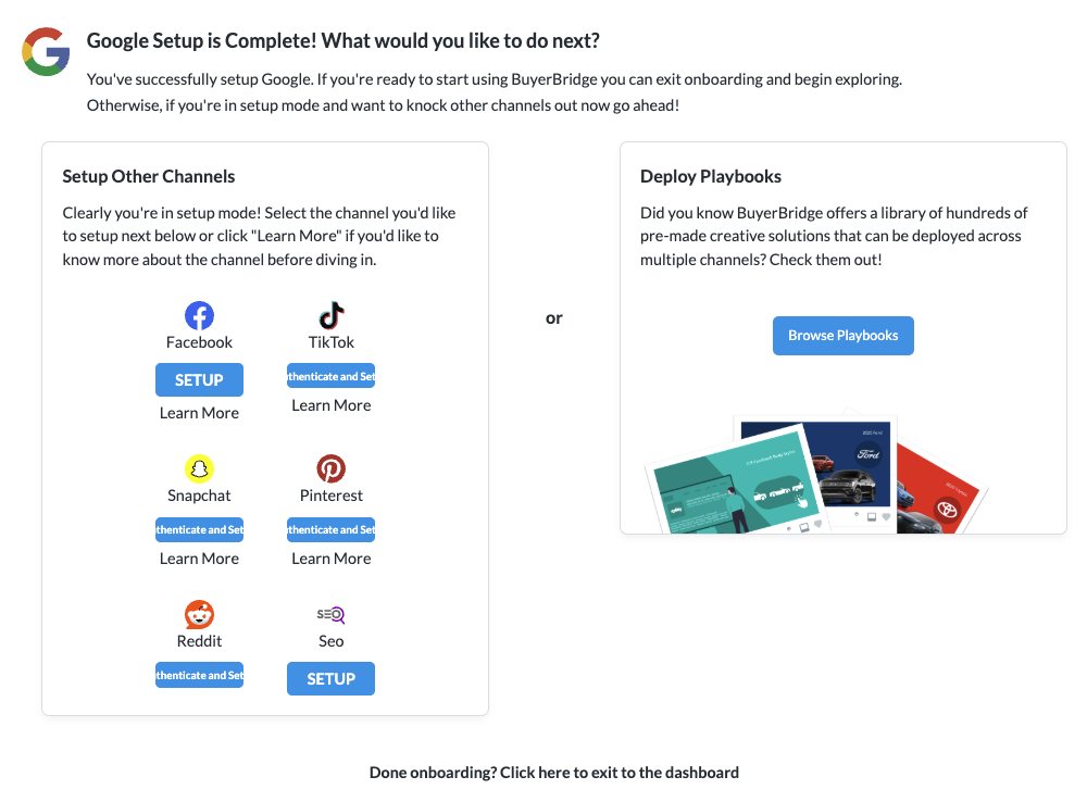BuyerBridge onboarding screen to set up Facebook, TikTok, Snapchat, Pinterest and Reddit and deploy Playbooks for a new dealer
