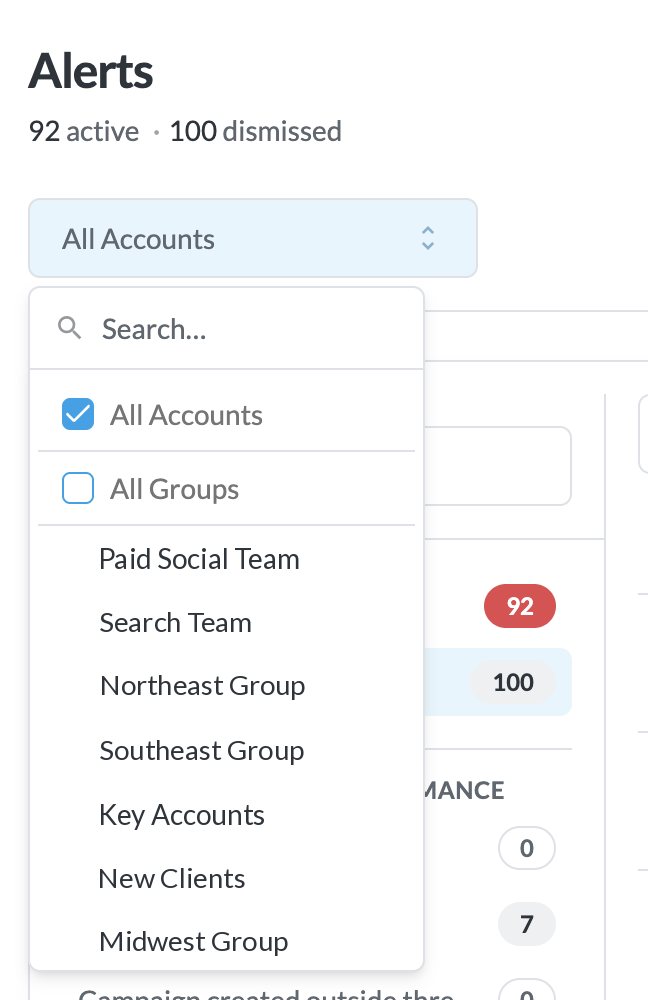 Account filter in BuyerBridge showing user groups such as Paid Social Team and Search Team