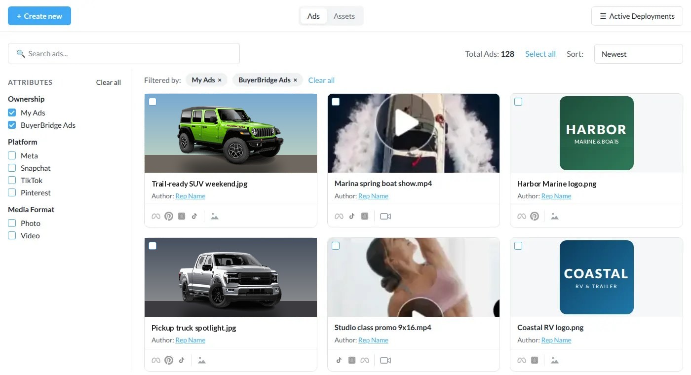 BuyerBridge Ad Library grid with SUV, truck, boat, fitness and logo ads filtered by platform and media format