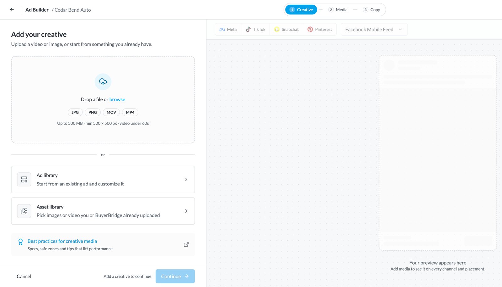 Ad Builder start screen with file upload, Ad Library and Asset Library options
