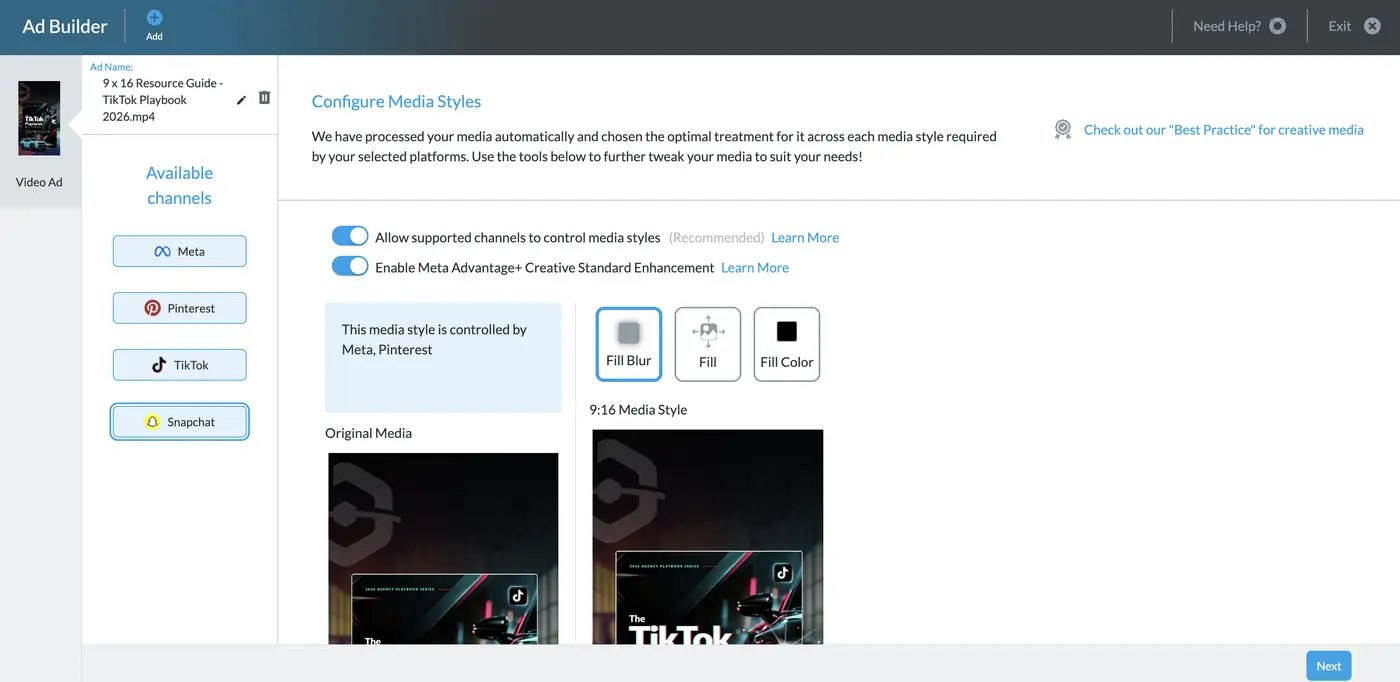 BuyerBridge Ad Builder channel step with Meta, Pinterest, TikTok and Snapchat selected for 1 ad