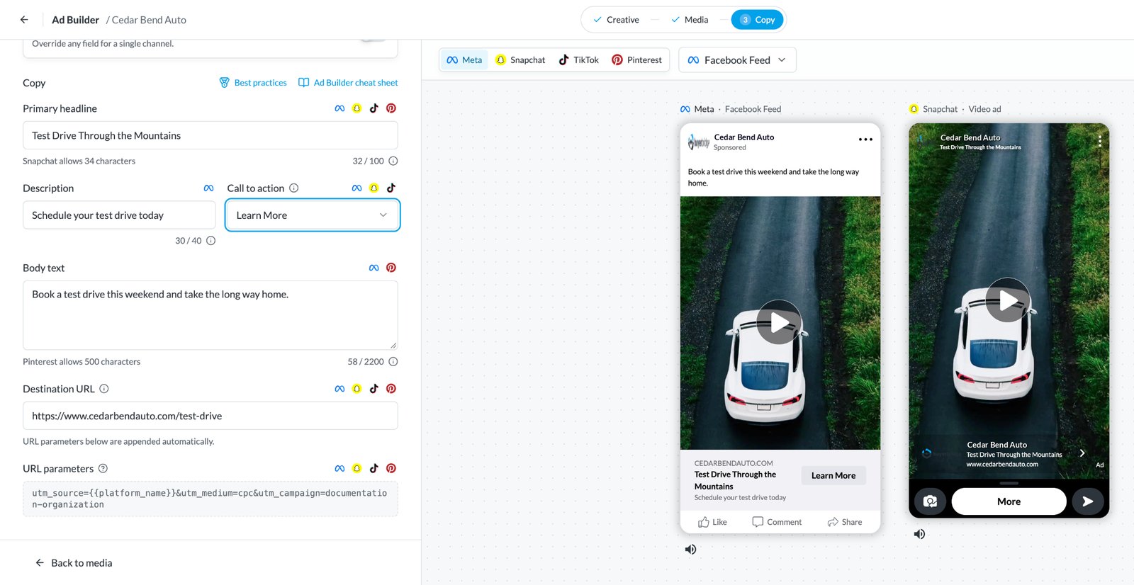 Ad copy fields with the customize content per channel toggle