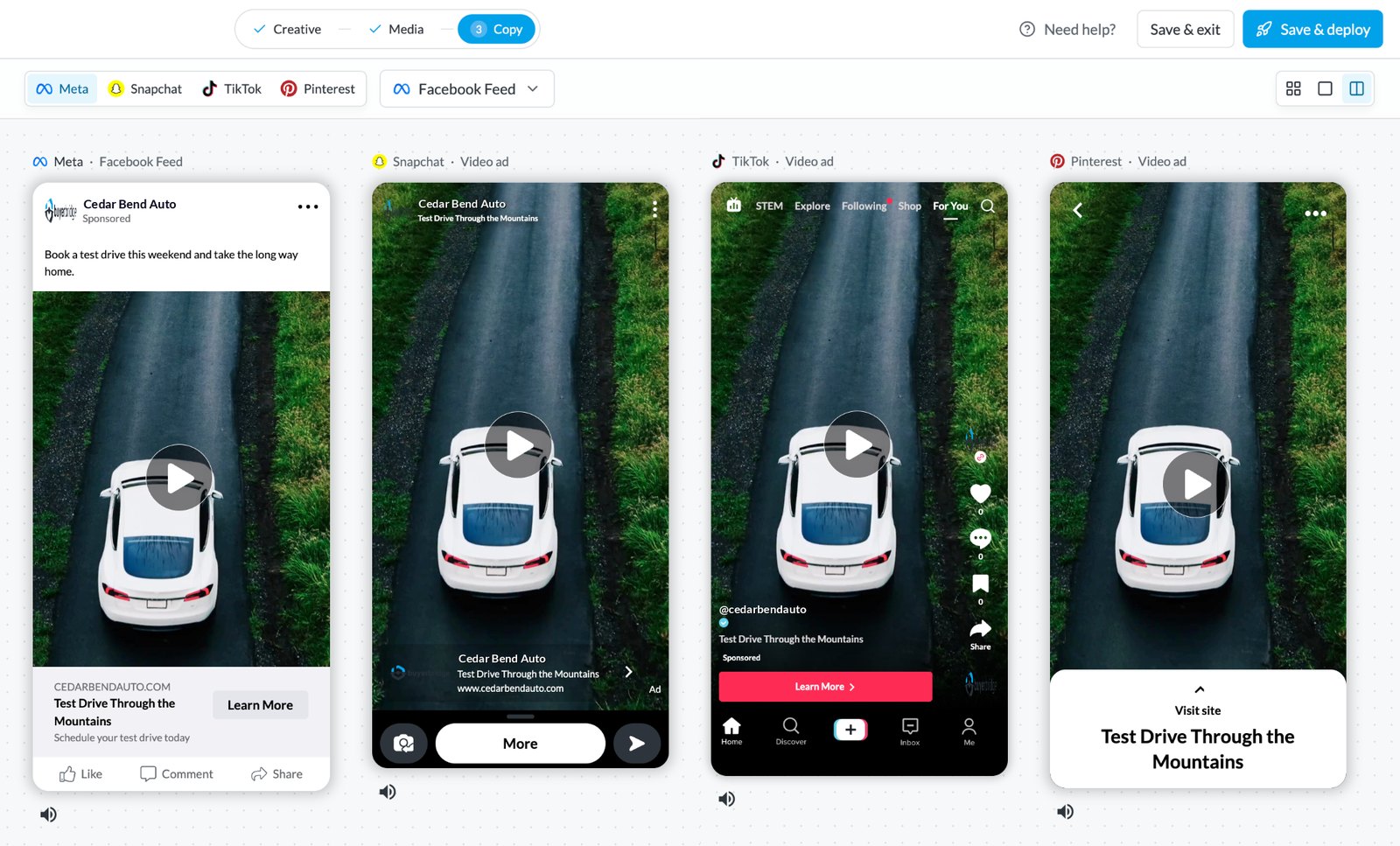 Channel preview showing one video ad in Facebook, Snapchat, TikTok and Pinterest placements