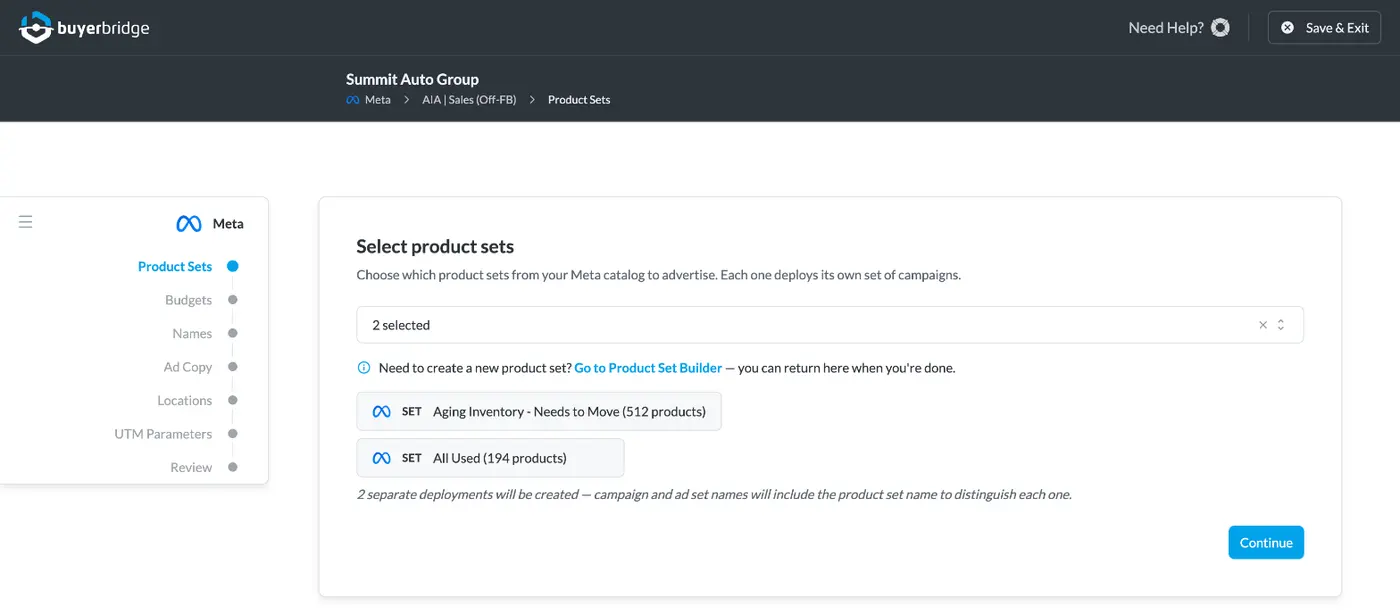 BuyerBridge deploy wizard attaching aging and used vehicle product sets to an AIA playbook