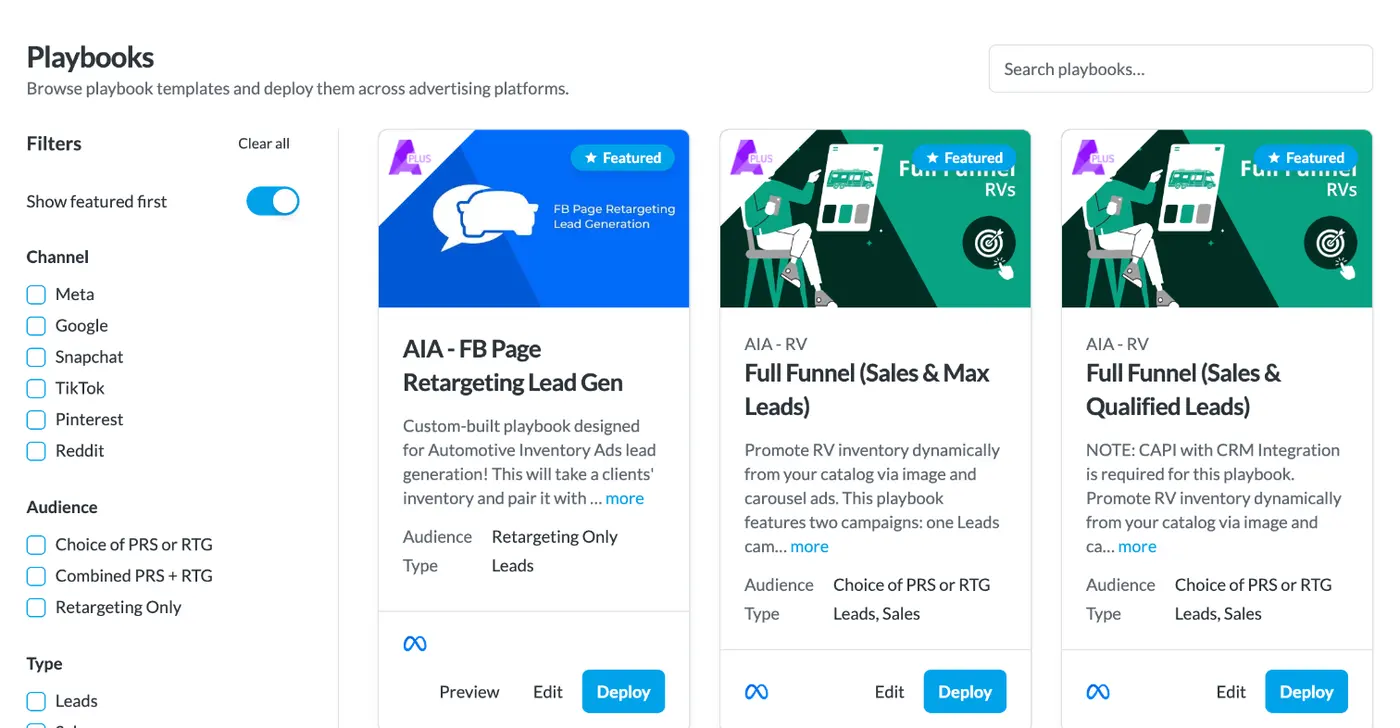BuyerBridge Playbooks library with pre-built automotive inventory ad playbooks ready to deploy