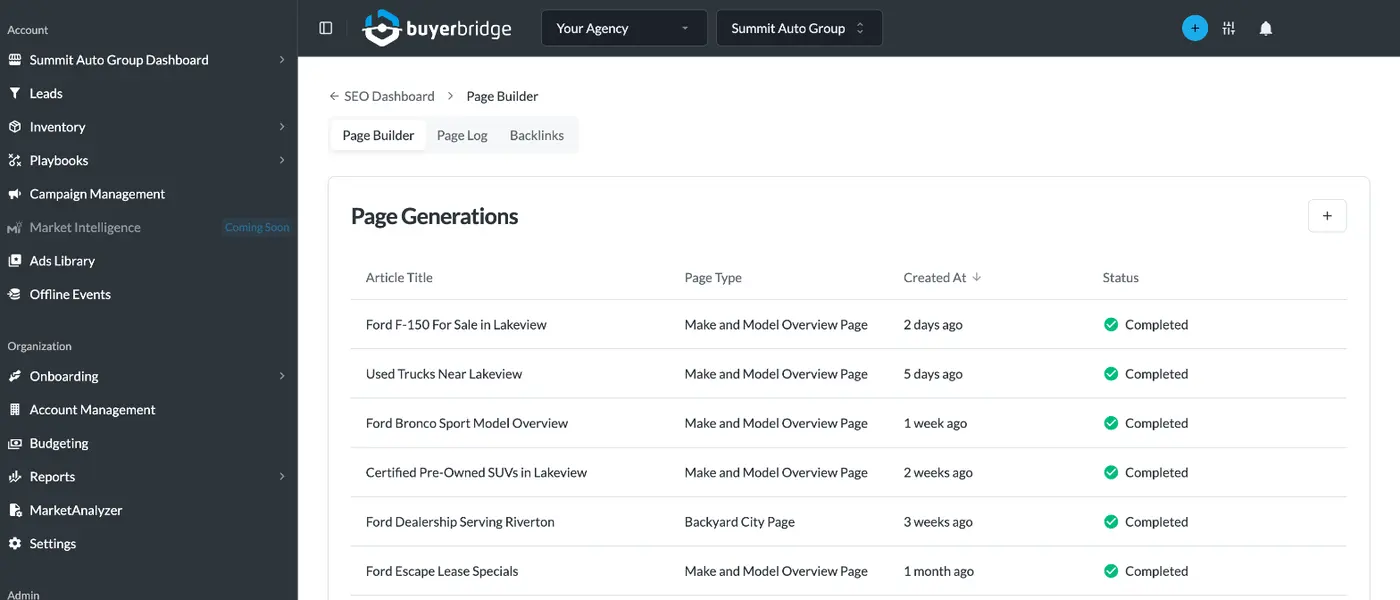 BuyerBridge SEO Page Builder list of generated model and city landing pages for a dealership