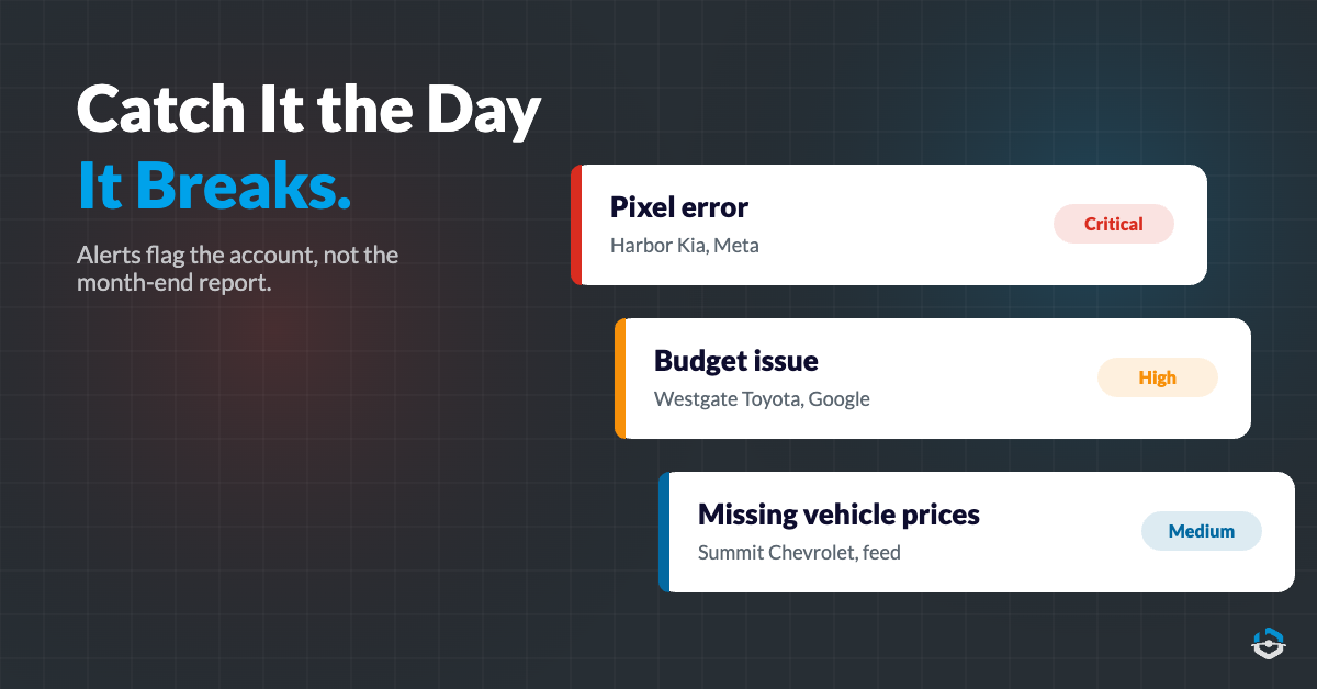 Color-coded alerts for a pixel error, budget issue and missing vehicle prices - catching problems early | BuyerBridge