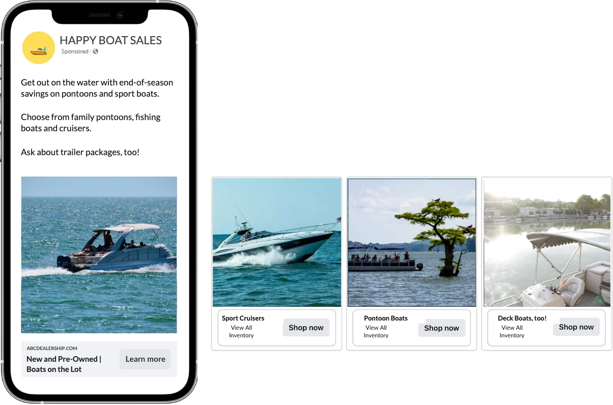 Facebook carousel inventory ad for a boat dealer showing a pontoon boat, sport cruiser and deck boat from the dealer feed