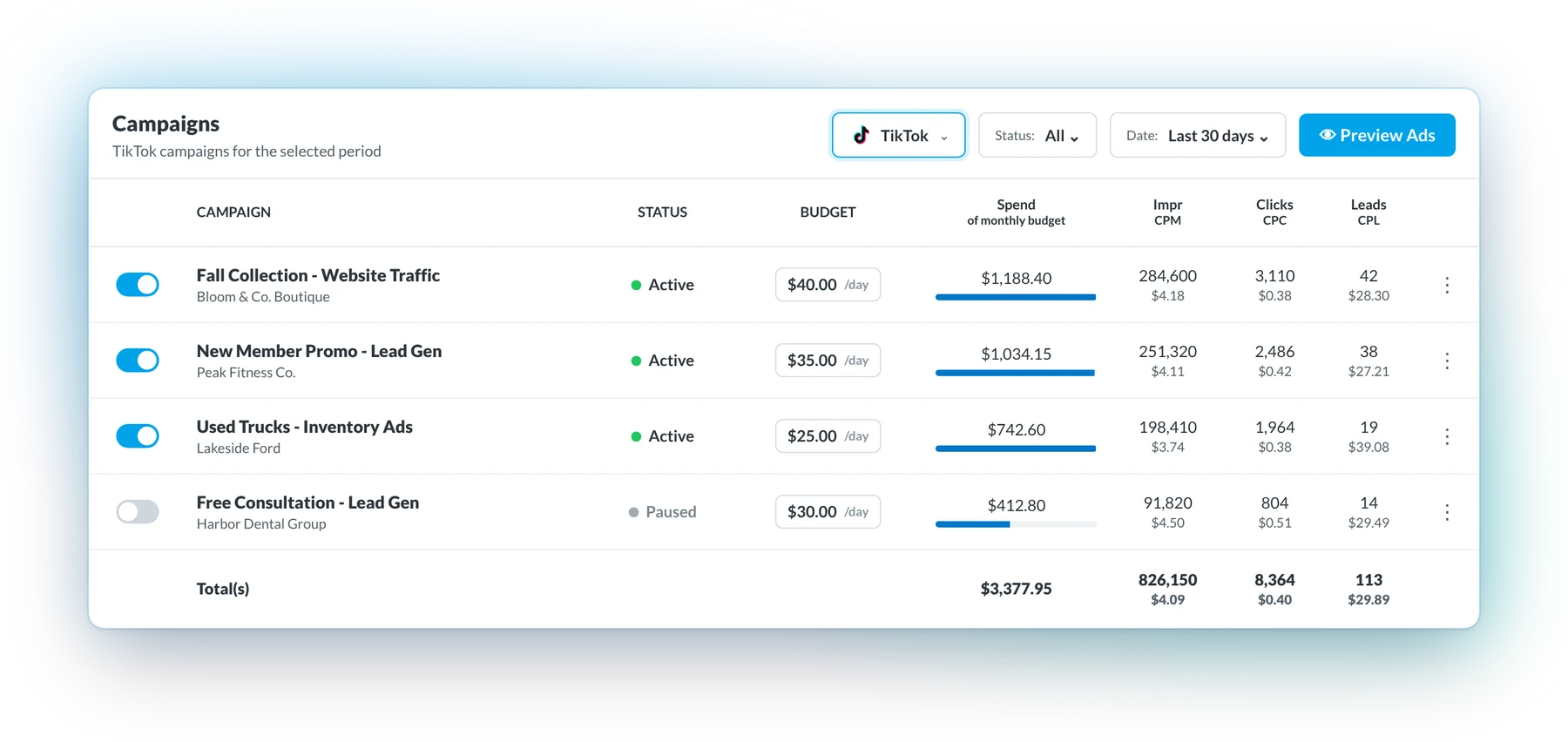 BuyerBridge campaign table filtered to TikTok campaigns with budget, spend and leads