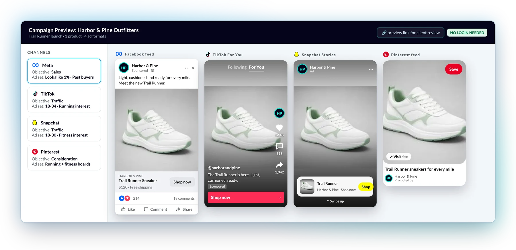 Campaign preview link showing one product as Facebook, TikTok, Snapchat and Pinterest ads with objectives and ad sets for client approval