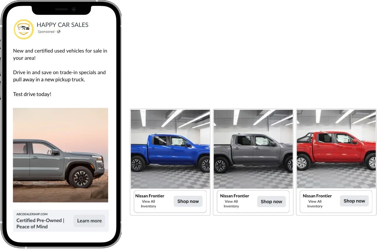 Facebook carousel inventory ad for a car dealer showing pickup trucks pulled from the vehicle feed