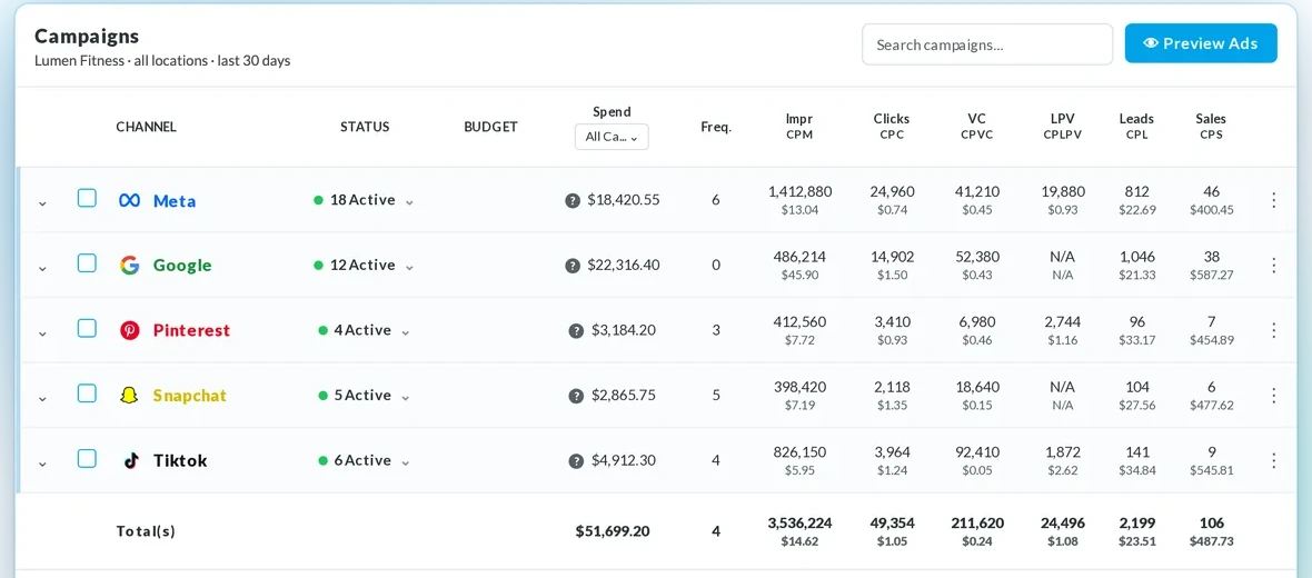 BuyerBridge campaigns table across Meta, Google, Pinterest, Snapchat and TikTok