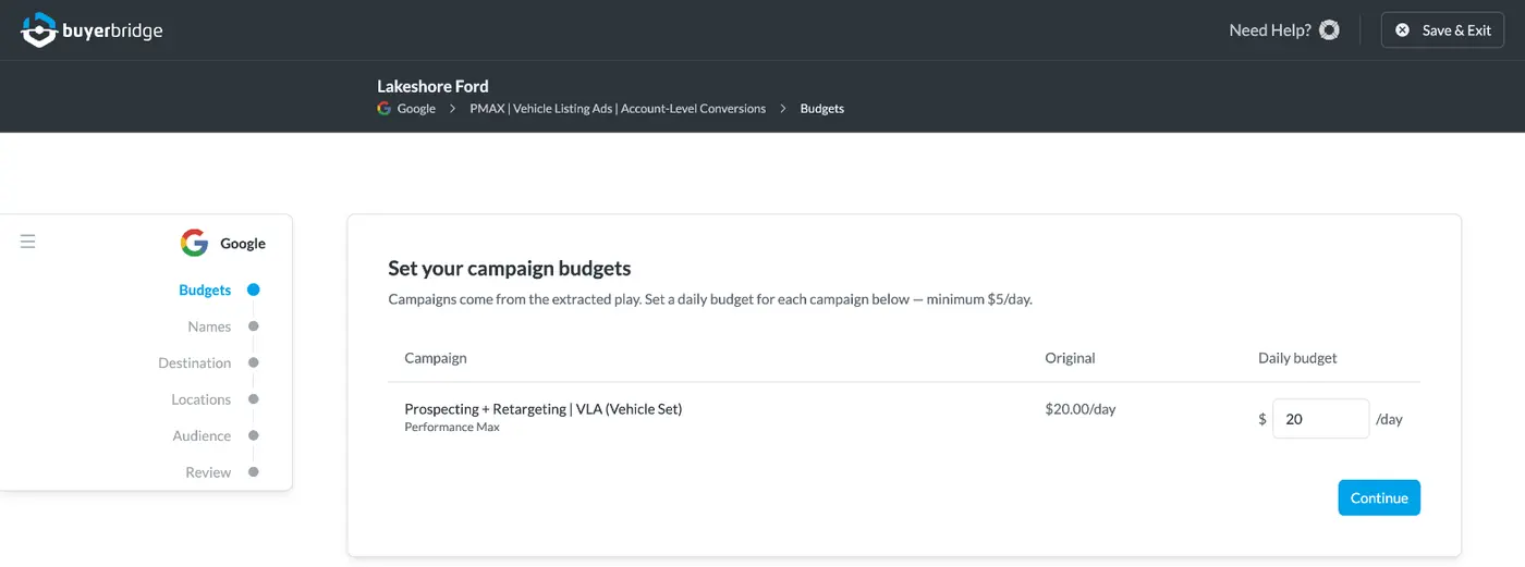 BuyerBridge deploy wizard setting the daily budget for a Performance Max vehicle listing ads campaign