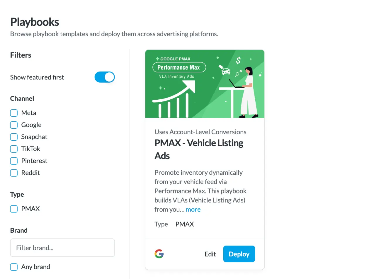 BuyerBridge PMAX Vehicle Listing Ads playbook that builds VLAs from the dealer vehicle feed
