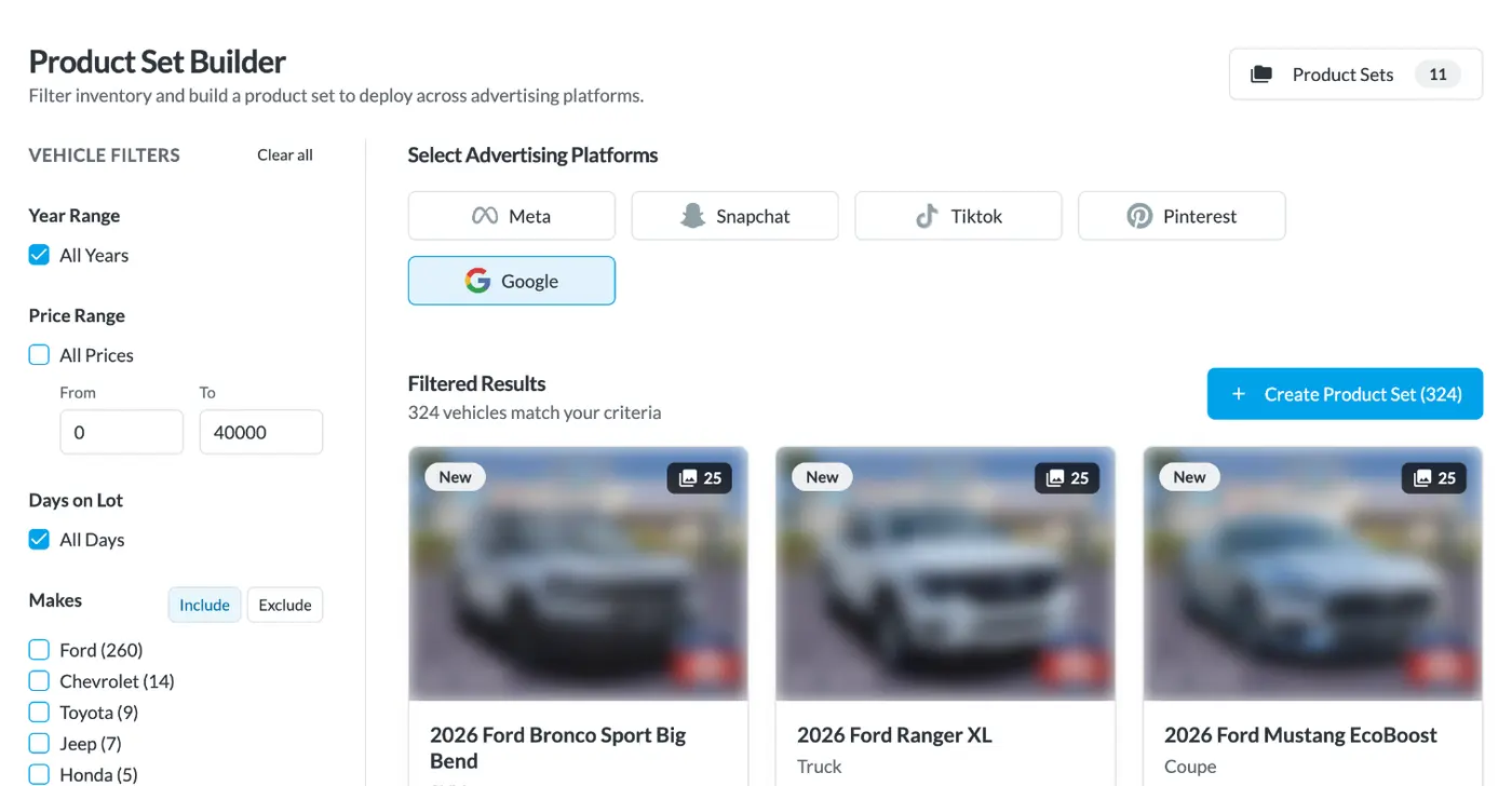 BuyerBridge Product Set Builder selecting vehicles under 40,000 dollars for Google vehicle listing ads