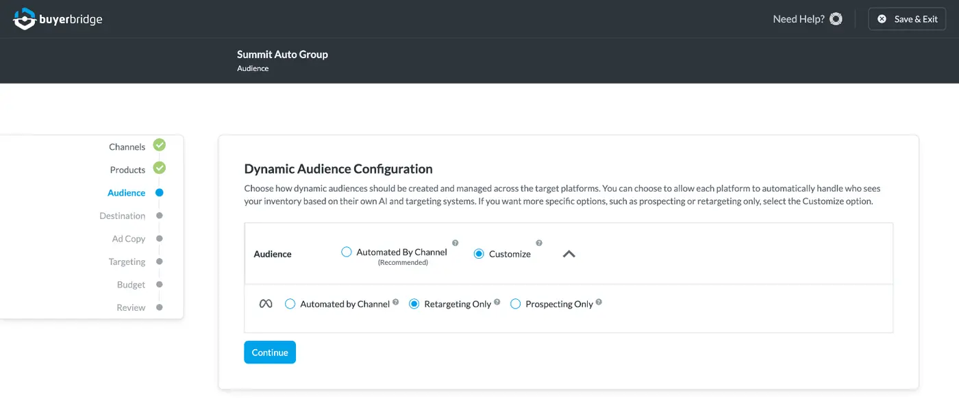 BuyerBridge inventory ad launcher setting the dynamic audience to retargeting only