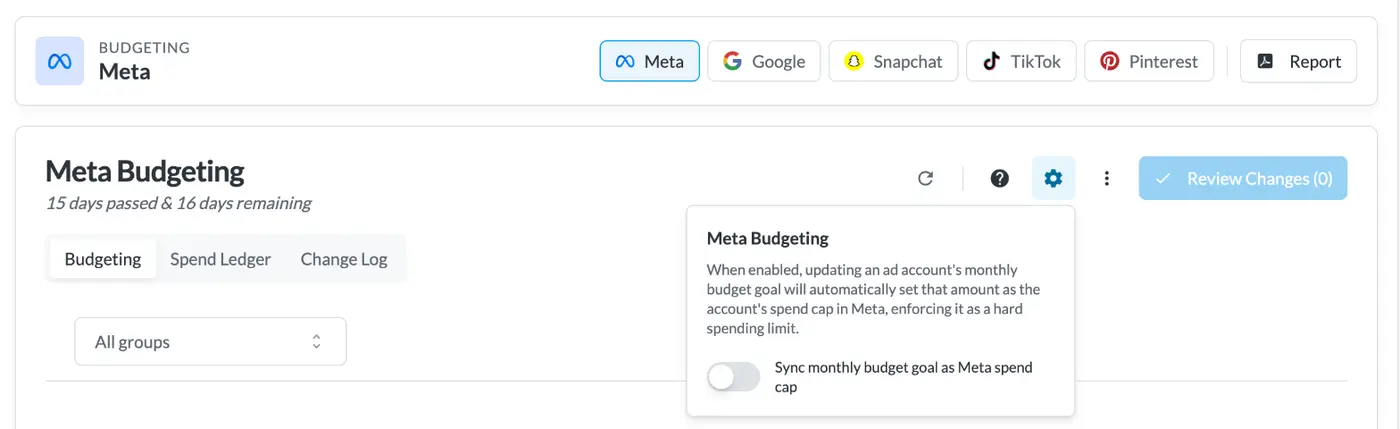 BuyerBridge Meta budgeting setting that syncs each monthly budget goal as the Meta spend cap