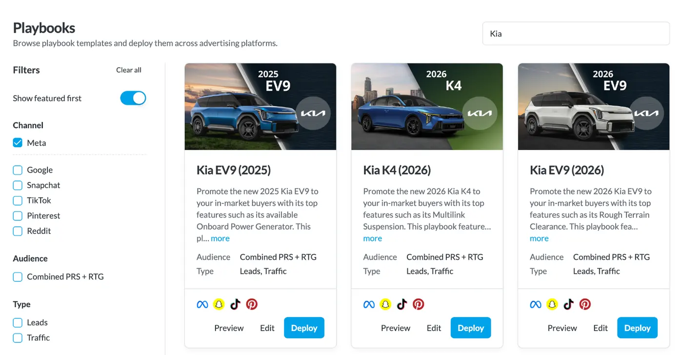 BuyerBridge model line playbooks filtered to Meta for Kia models