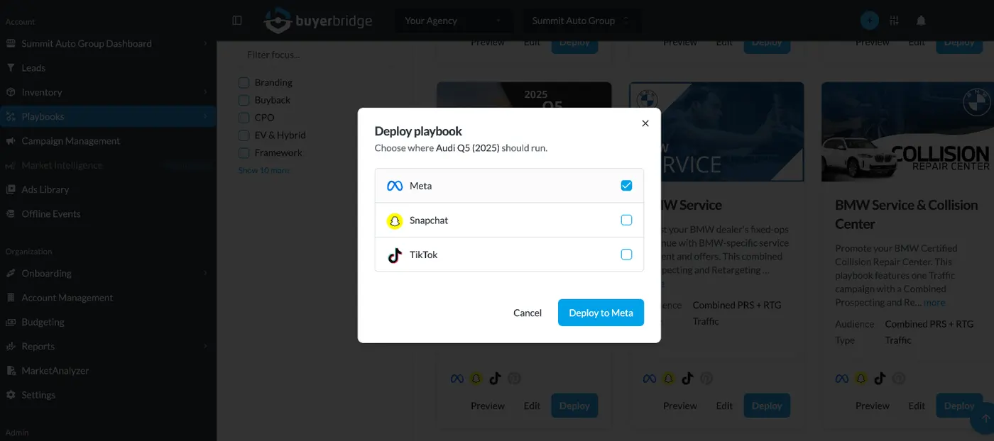 BuyerBridge deploy playbook dialog with Meta selected for a model line playbook