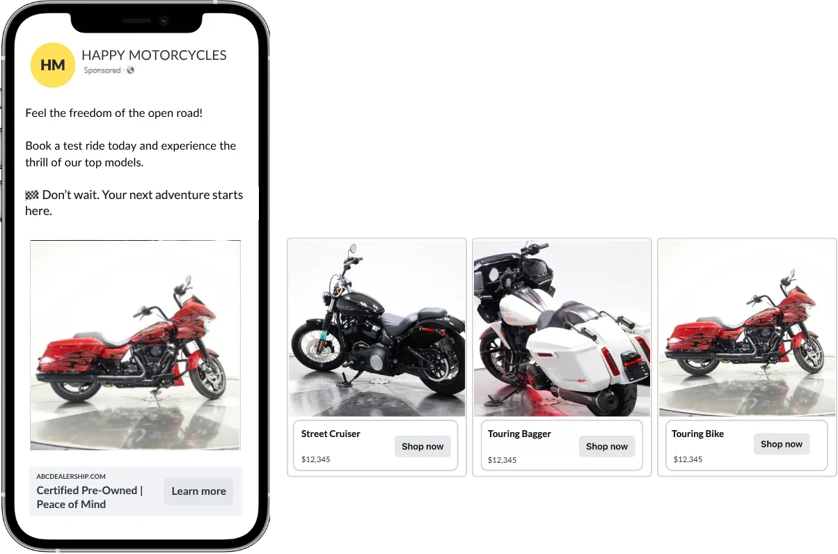 Facebook carousel inventory ad for a motorcycle dealer showing bikes from the dealer feed