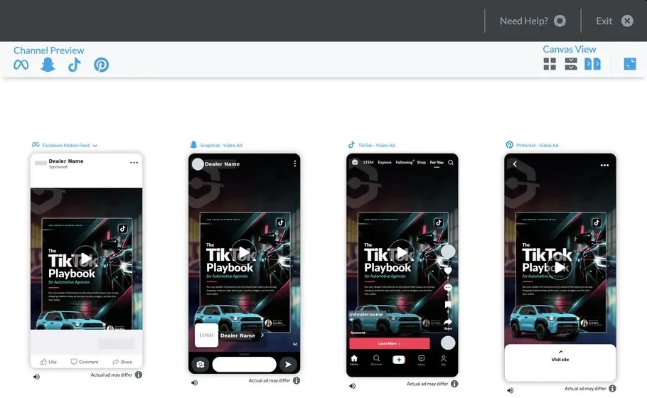 BuyerBridge ad builder previewing one video ad on Facebook, Snapchat, TikTok and Pinterest