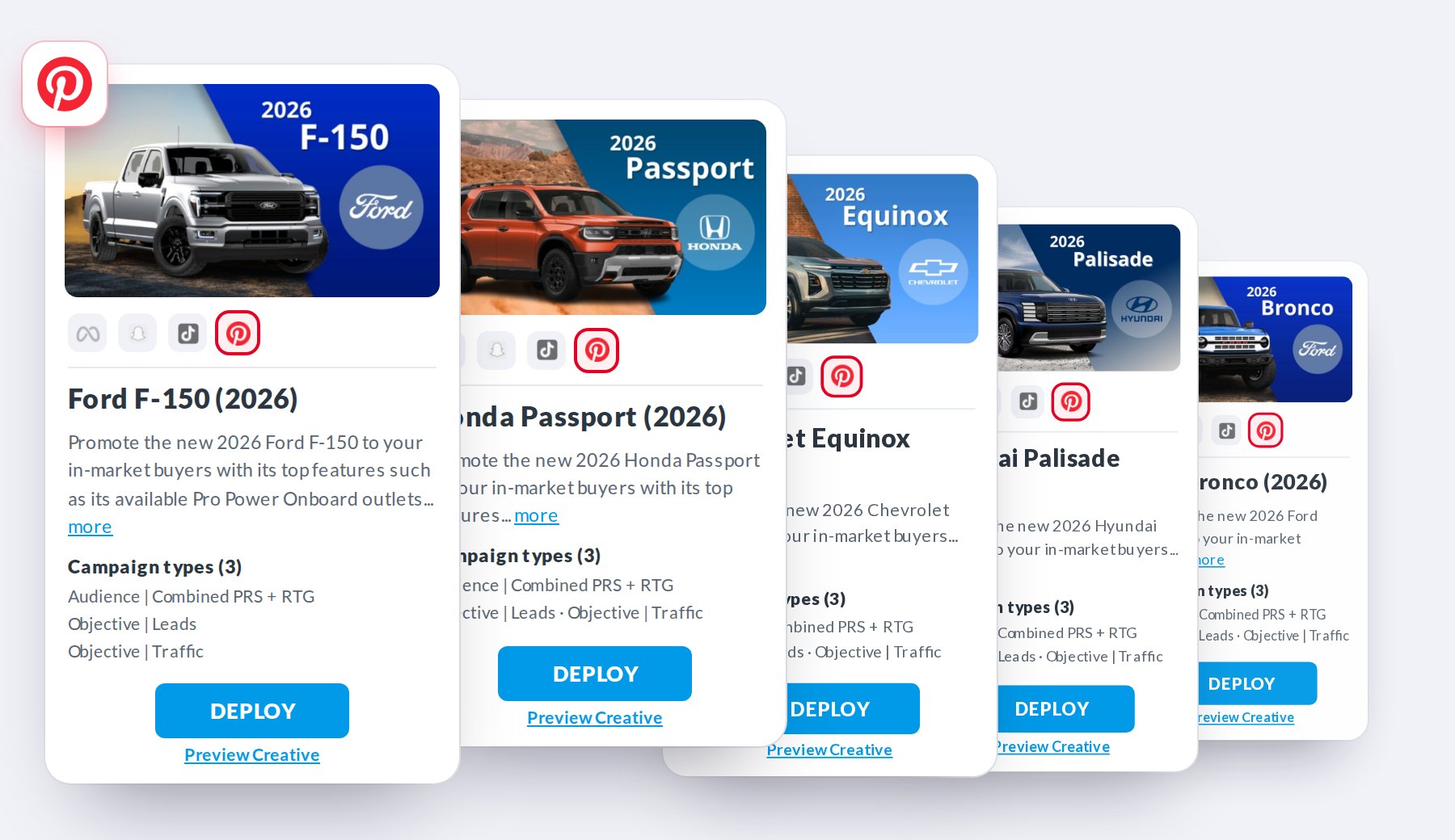 Pinterest model line Playbooks for Ford, Honda, Chevrolet and Hyundai dealers in BuyerBridge