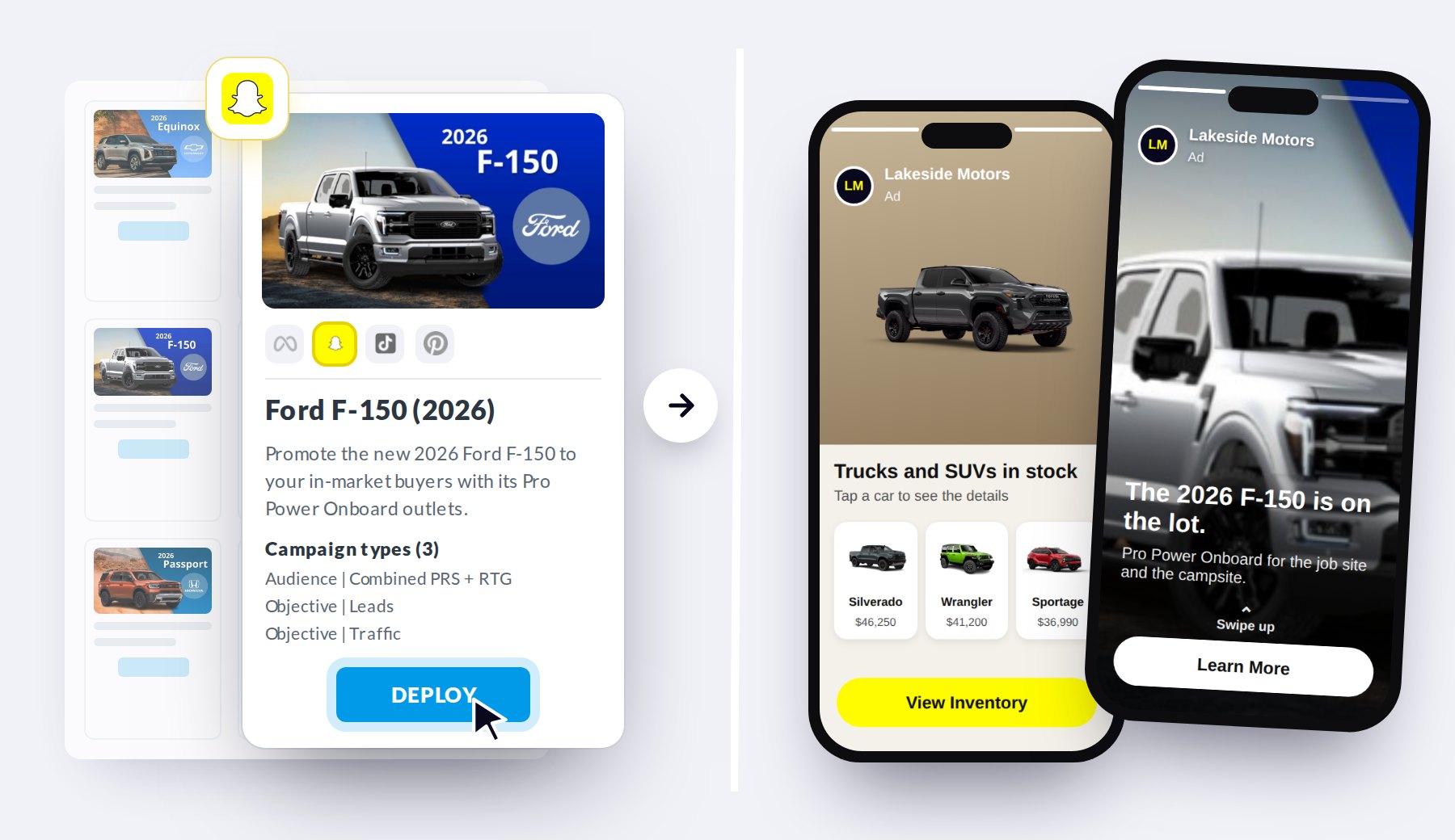 Snapchat ads automation: deploying a Ford F-150 model line Playbook in BuyerBridge that becomes full-screen Snapchat ads