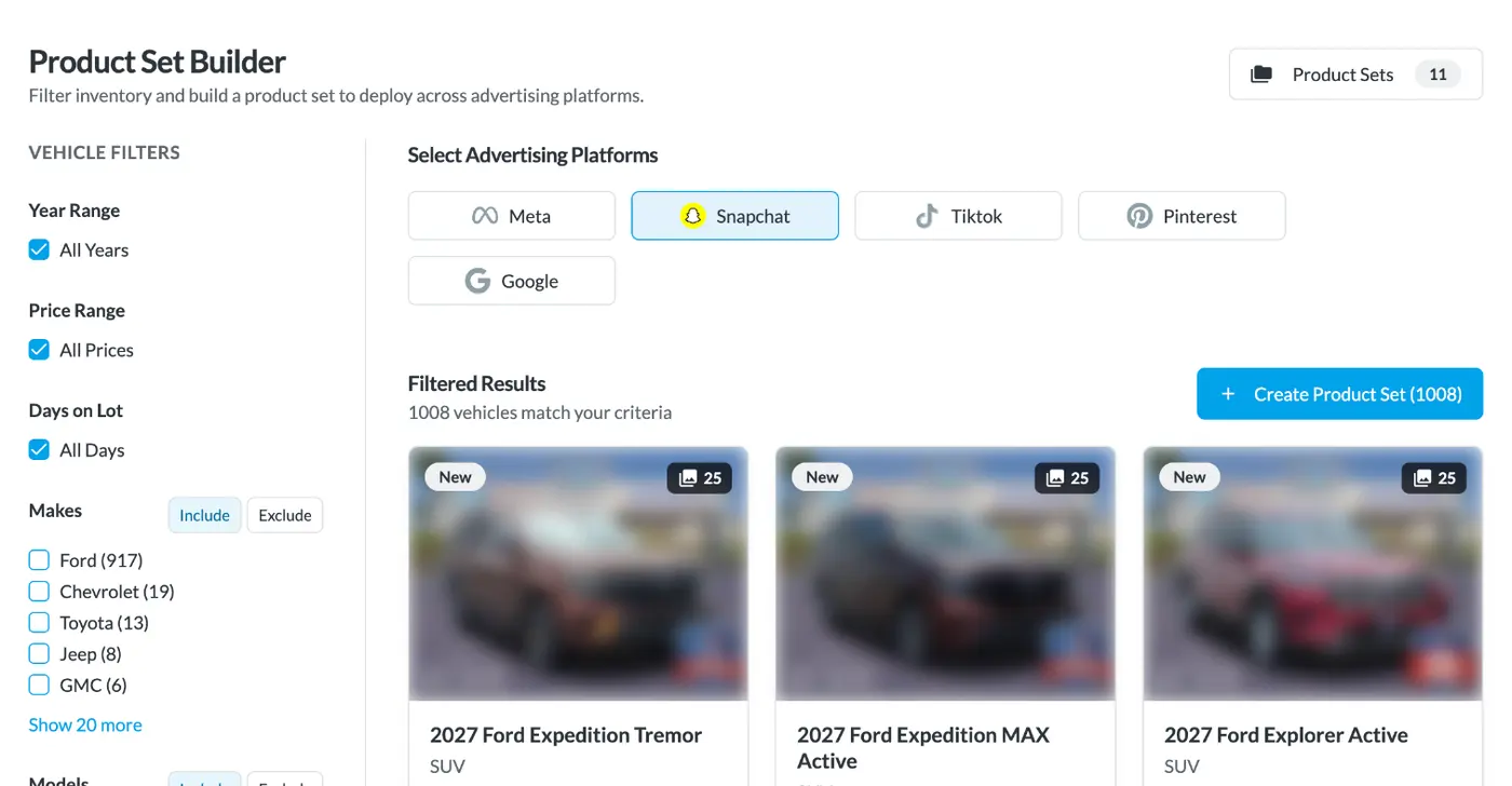 BuyerBridge Product Set Builder filtering dealer inventory for Snapchat dynamic ads