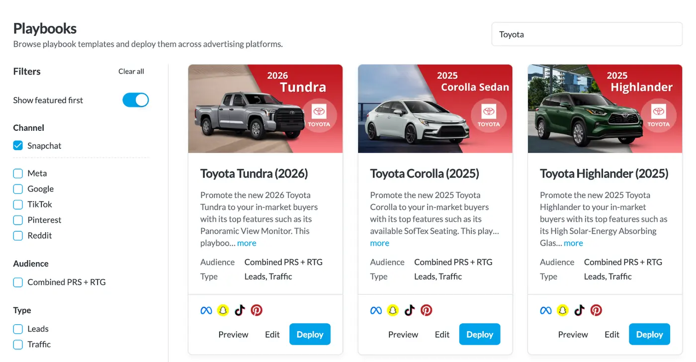 BuyerBridge model line playbooks filtered to Snapchat for Toyota models