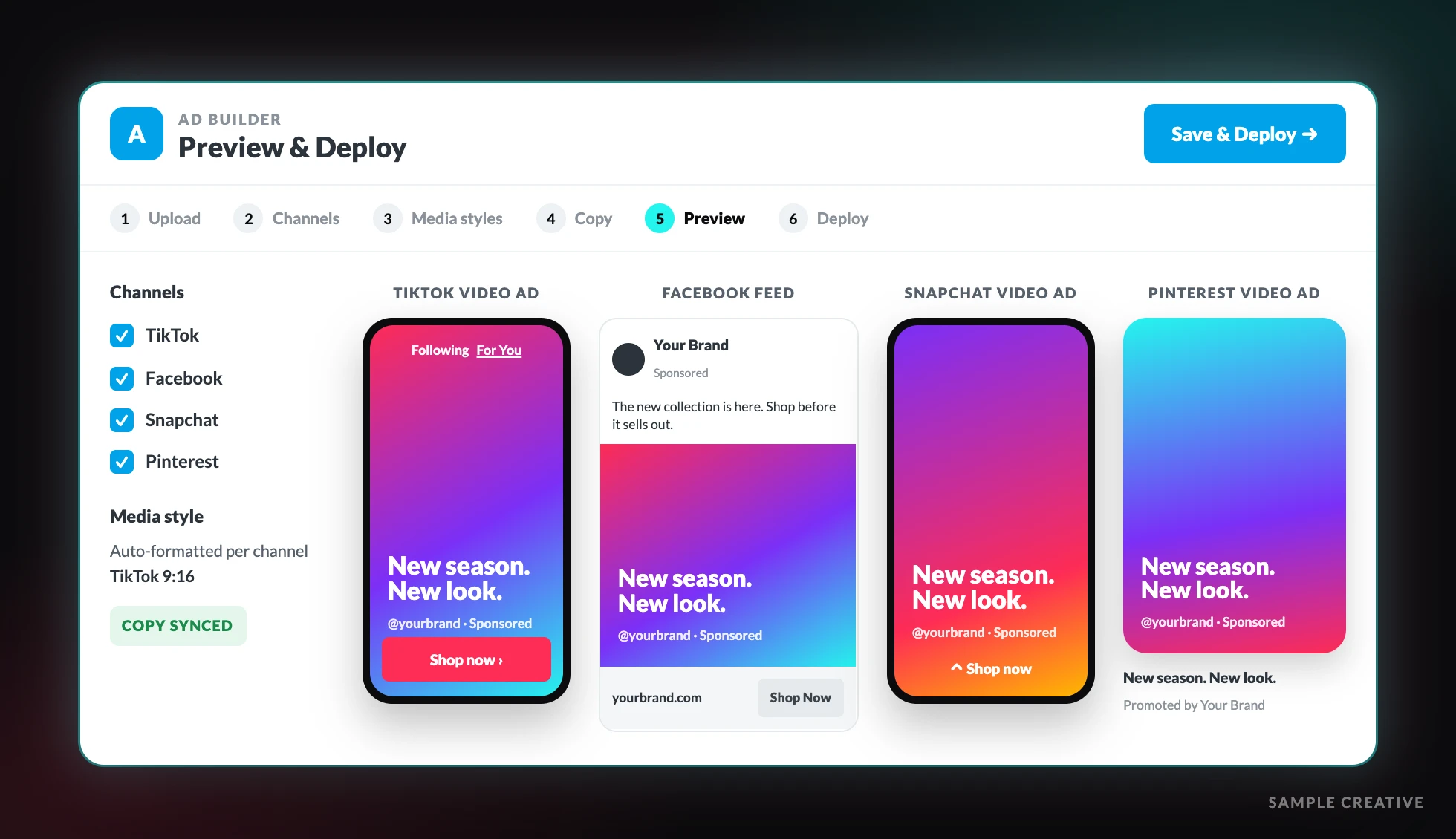 BuyerBridge Ad Builder previewing one ad as a TikTok video ad and in Facebook, Snapchat and Pinterest placements