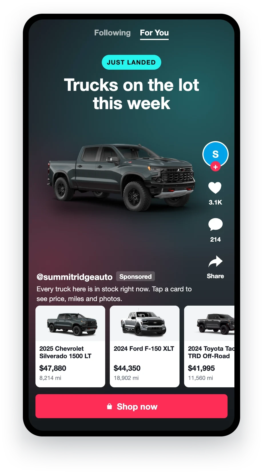 TikTok inventory ad preview built from a dealer's truck inventory