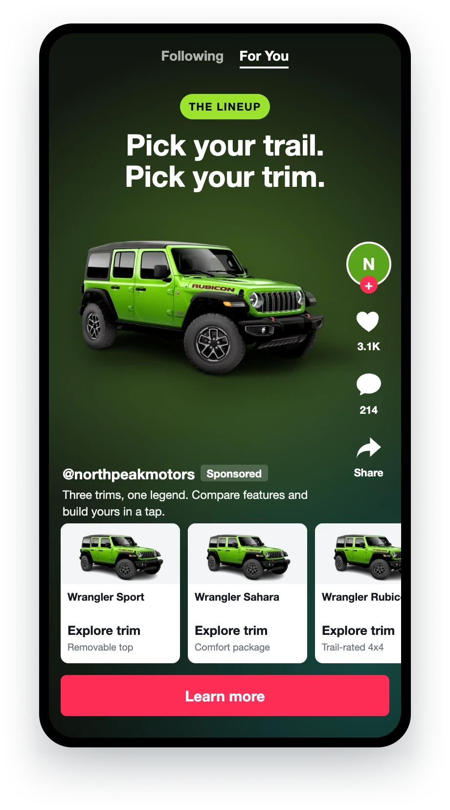 Example TikTok model ad showing a vehicle lineup with shoppable trim cards