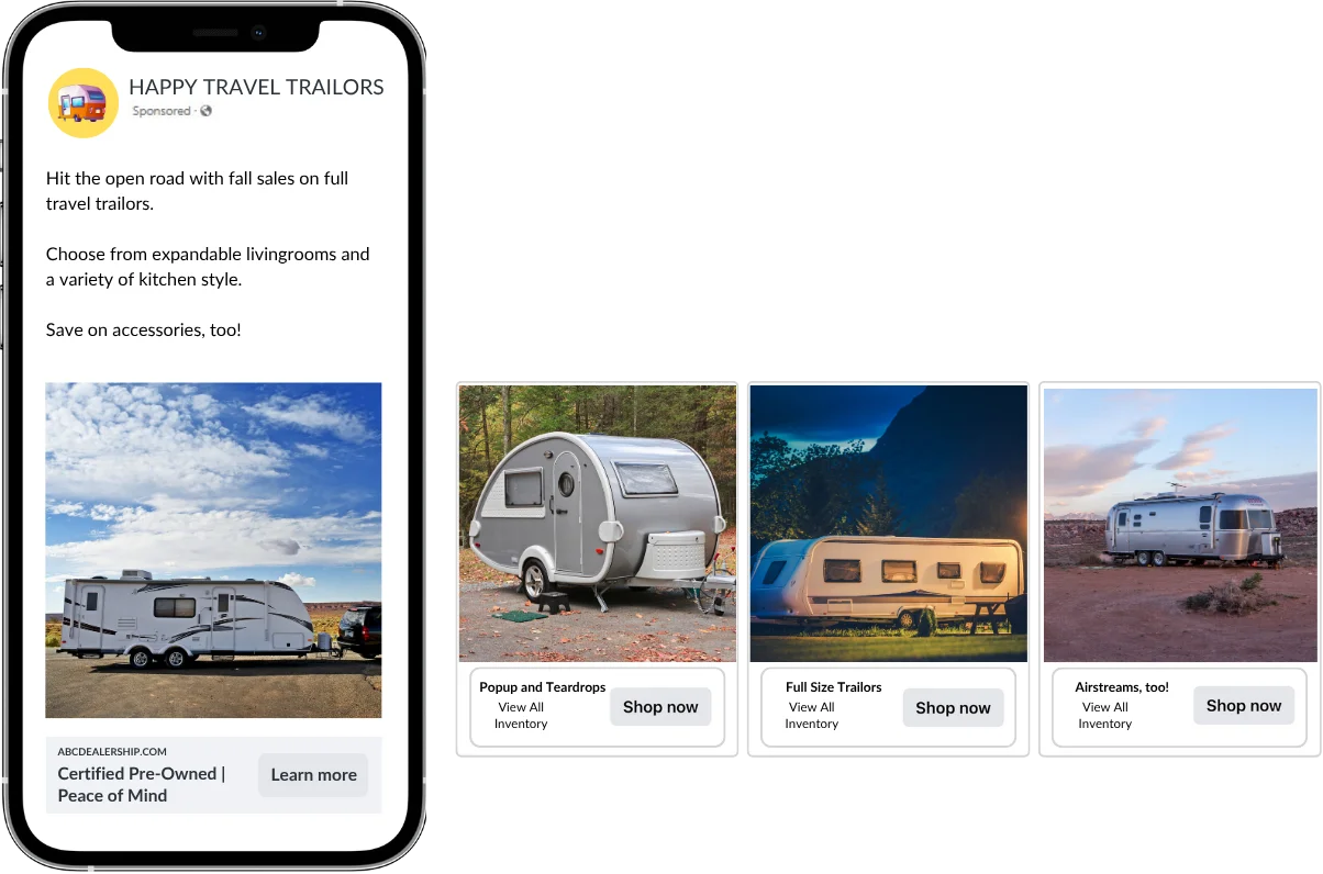 Facebook carousel inventory ad for a travel trailer dealer showing campers and trailers from the dealer feed
