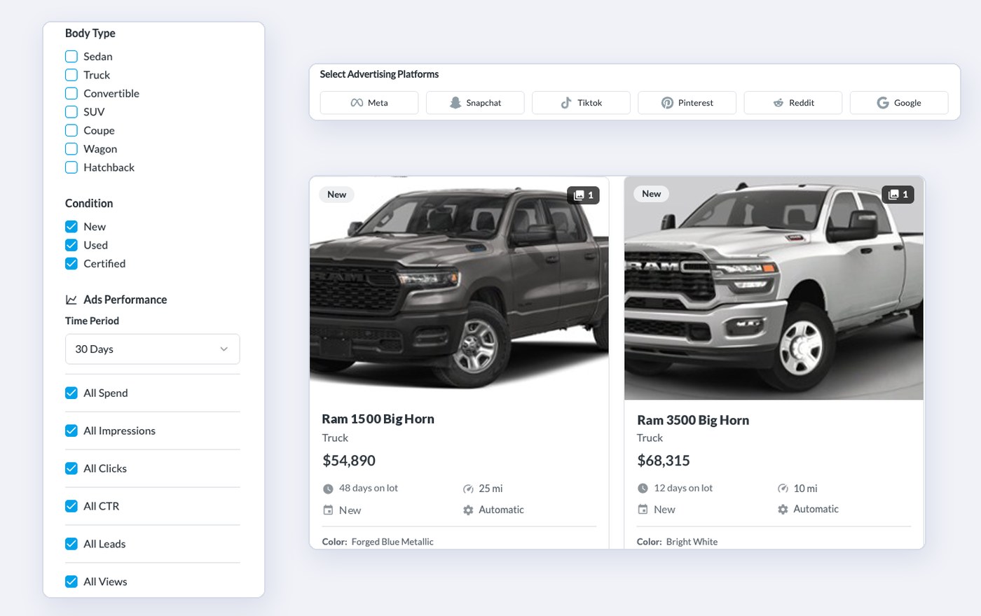 Product set filters for condition, body type and ad performance across Meta, Snapchat, TikTok, Pinterest, Reddit and Google