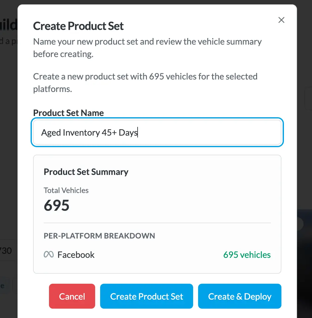 BuyerBridge Create Product Set dialog with the vehicle count and per-platform breakdown