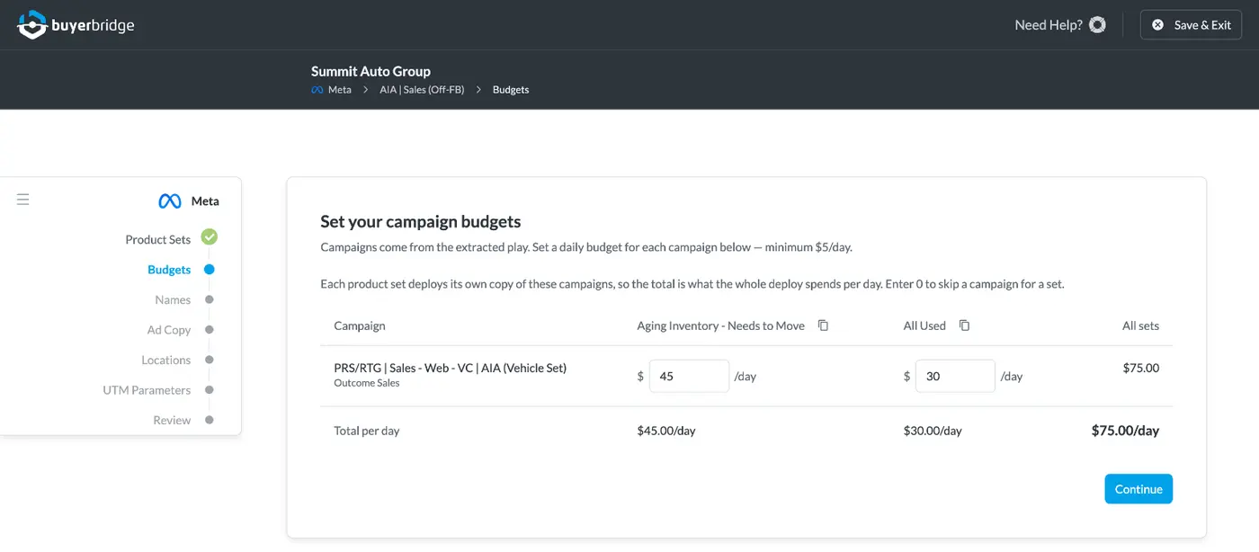 BuyerBridge deploy wizard setting a separate daily budget for each vehicle product set