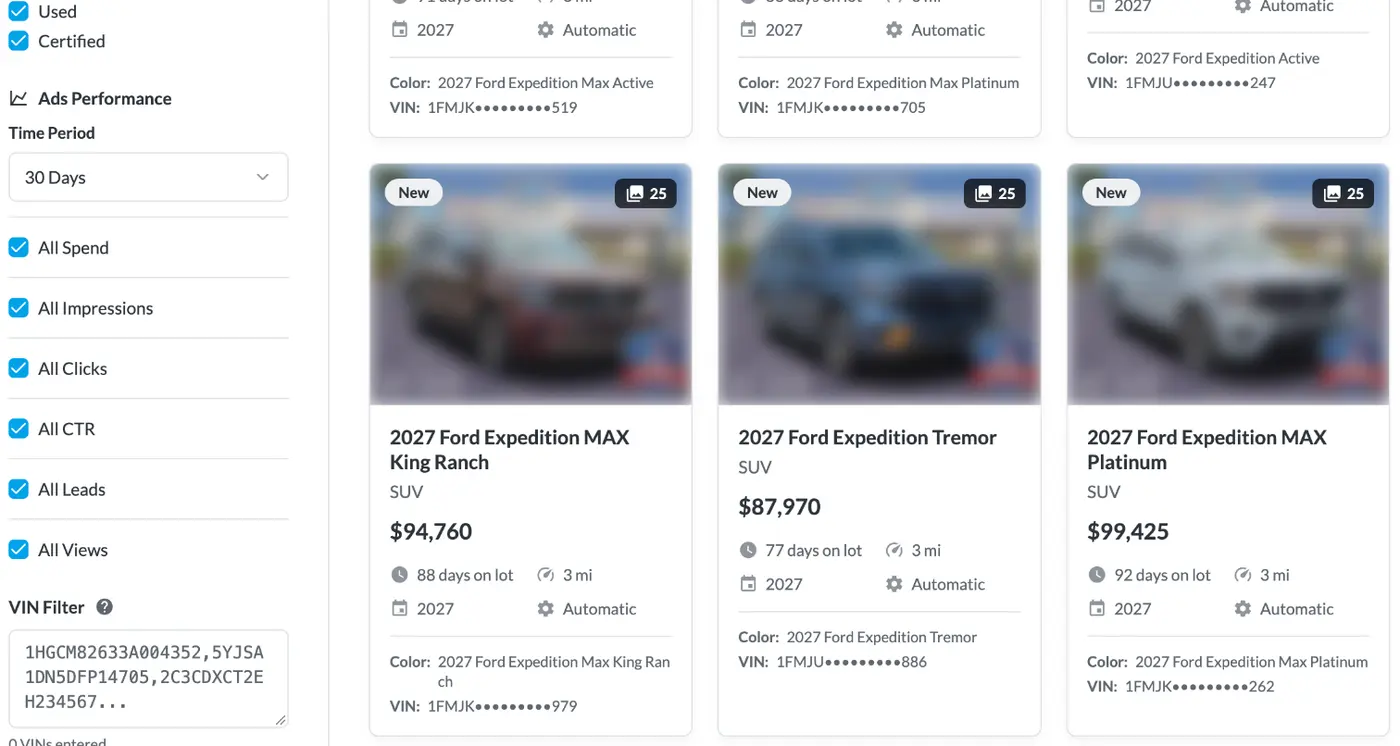 BuyerBridge Product Set Builder with ad performance filters, a VIN filter and days on lot for each vehicle